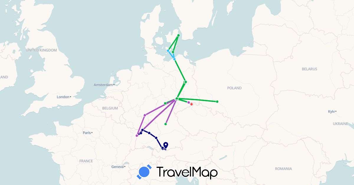 TravelMap itinerary: driving, bus, cycling, train, hiking, boat in Germany, Denmark, France, Poland (Europe)