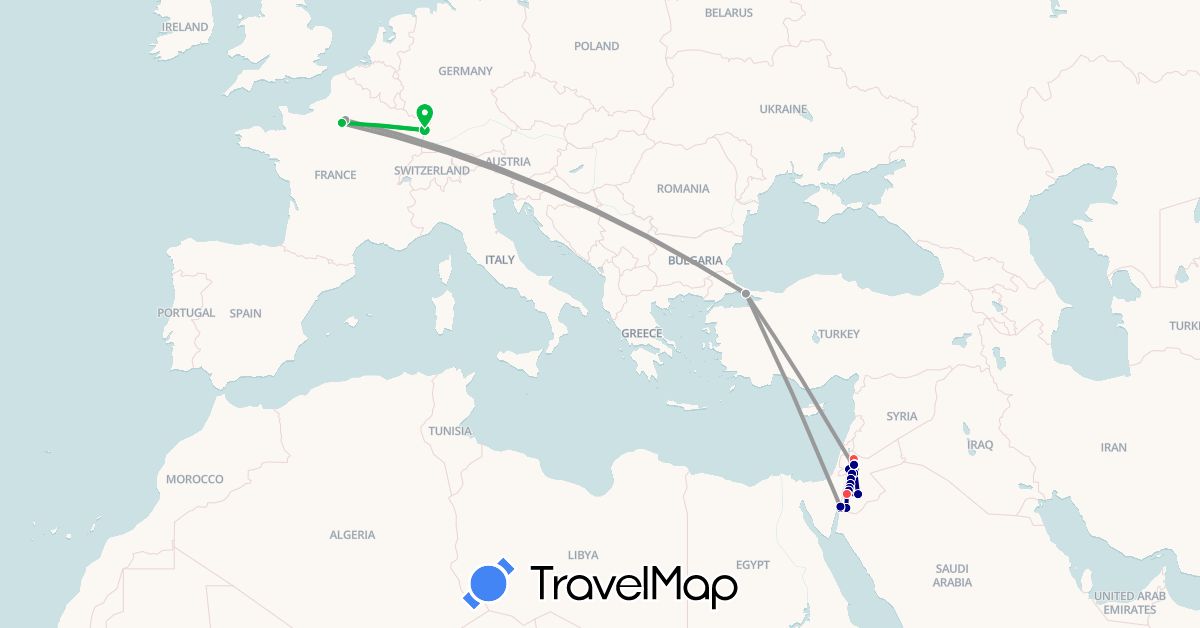 TravelMap itinerary: driving, bus, plane, hiking in France, Jordan, Turkey (Asia, Europe)